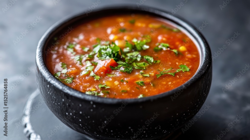 Spicy tomato soup in a dark bowl, garnished with fresh parsley. Spicy tomato soup in a dark bowl, garnished with fresh parsley.
