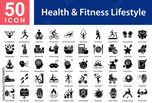 Health & Fitness Lifestyle Collection of Icons with Glyph Style. Containing: Dumbbell Lift  ,Running Person  ,Yoga Pose  ,Bicycle Ride  ,Swimming Stroke  ,Jump Rope  ,Stretching  ,Treadmill Run  