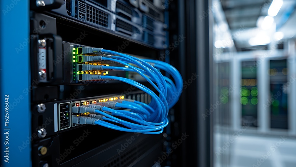 Fototapeta premium Vibrant blue fiber optic cables connect within a server rack