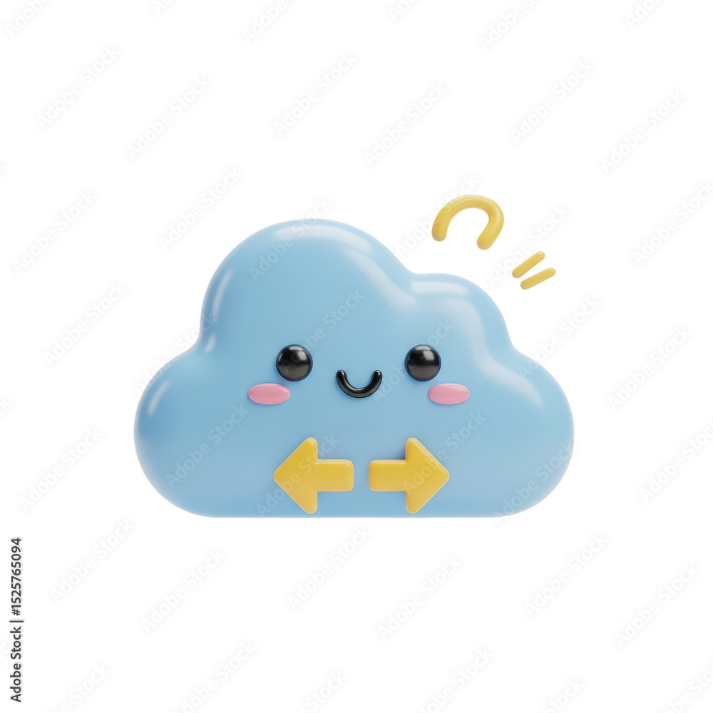 Cute Blue Cloud Character with Smiling Face and Arrows on White Background Cute Blue Cloud Character with Smiling Face and Arrows on White Background