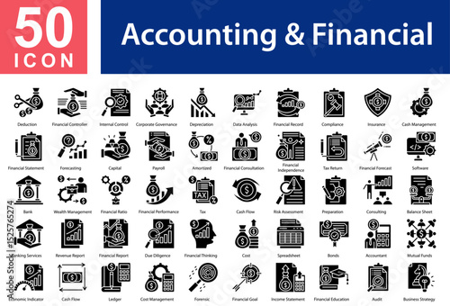 Accounting & Financial Collection of Icons with Glyph Style. Containing: Deduction  ,Financial Controller  ,Internal Control  ,Corporate Governance  ,Depreciation  ,Data Analysis  ,Financial Record  