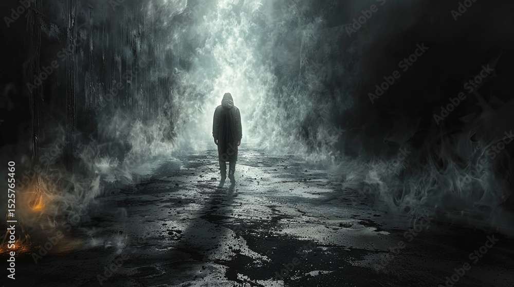 Fototapeta premium Pensive man standing in desolate urban environment at night