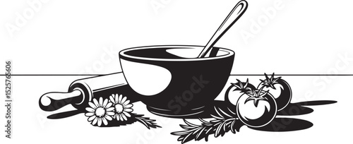 Rustic Kitchen Scene with Baking and Fresh Ingredients: Rolling Pin, Bowl, Tomatoes, and Herbs