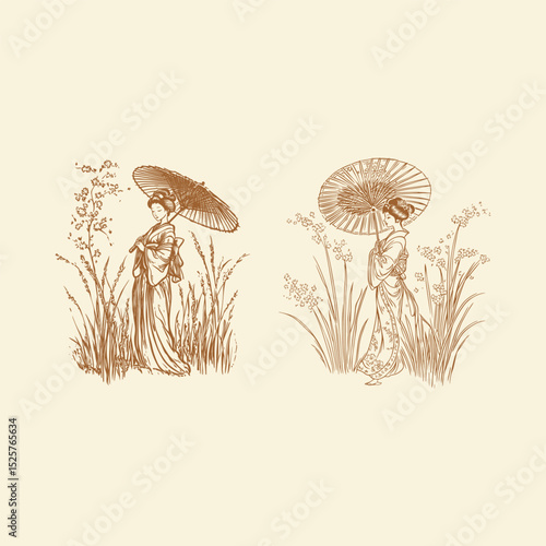 Graceful geisha standing holding umbrella in park design vector template illustration