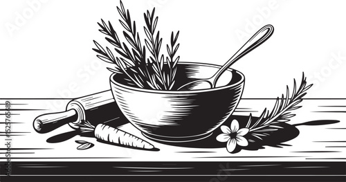 Culinary Herbs and Baking Tools with Rosemary, Carrot, and Rolling Pin - Perfect for Cooking, Baking, and Natural Ingredient Themes