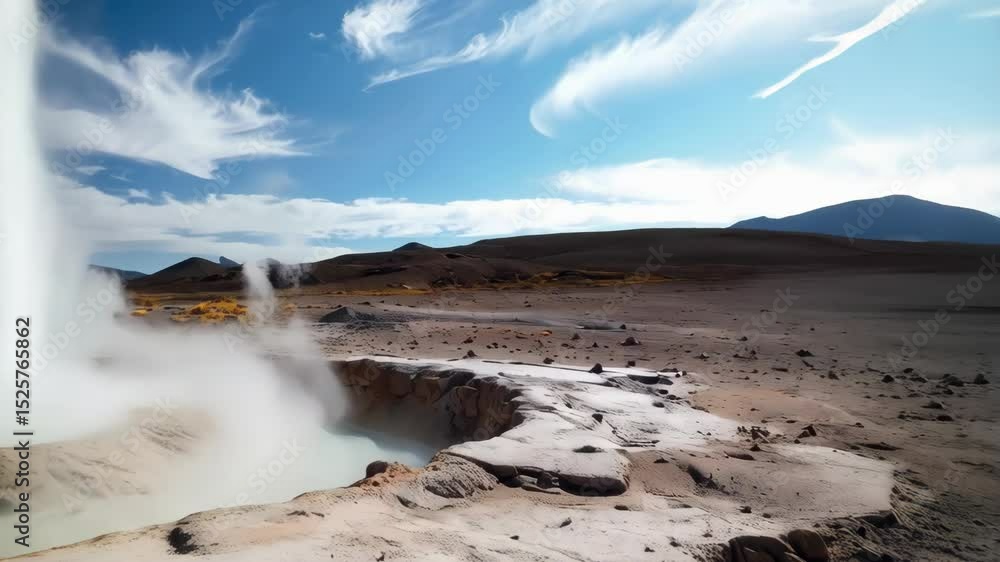 Hot geyser spews boiling water into the clear blue sky, geological volcanic activity in a barren desert, surrounded by rising steam and mountains. Hot geyser spews boiling water into the clear blue sky, geological volcanic activity in a barren desert, surrounded by rising steam and mountains.