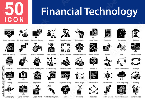 Financial Technology Collection of Icons with Glyph Style. Containing: Fraud Prevention,Big Data Analytics,Payment Gateway,Wealth,Fraud Detection,Cybersecurity,Data Privacy,Regulation,Compliance