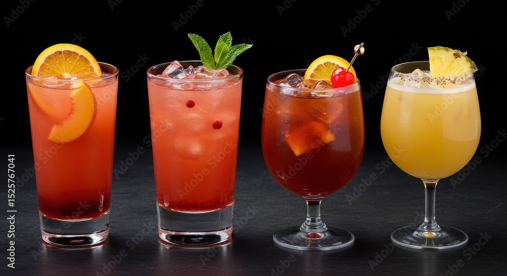 Refreshing Cocktails in Different Flavors on a Dark Surface Refreshing Cocktails in Different Flavors on a Dark Surface