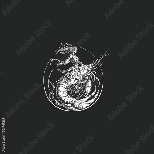 Graceful woman riding mighty shrimp design vector template illustration