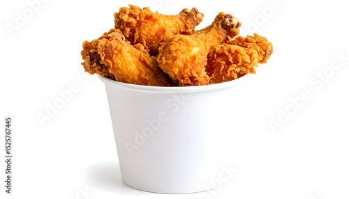 Crispy fried chicken in a white paper bucket