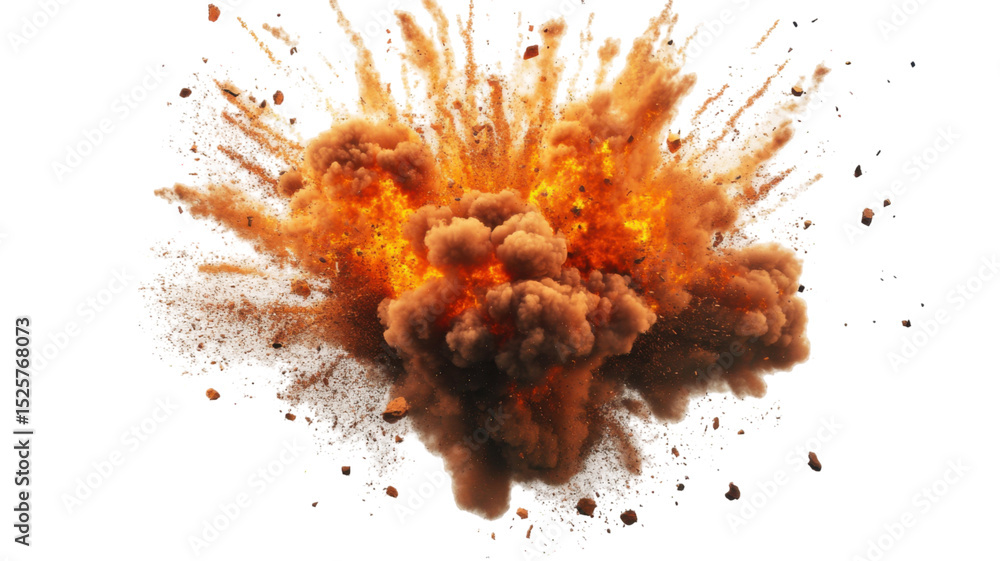 Powerful Fiery Explosion Blast with Smoke and Debris Isolated on White Background Powerful Fiery Explosion Blast with Smoke and Debris Isolated on White Background
