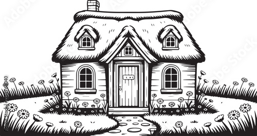  Cozy cottage with a thatched roof and blooming flowers in black and white silhouette