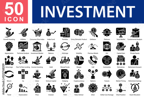 Investment Collection of Icons with Glyph Style. Containing: Growth Investing,Inflation,Consumer Price Index,Index Fund,Portfolio,Gross Domestic Product,Deflation,Platinum,Stock Market,Fundamental 