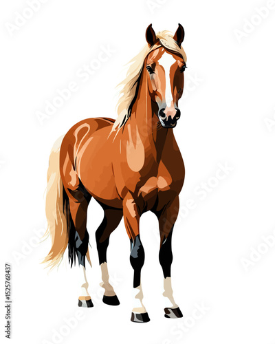 Chestnut Horse Portrait: A majestic chestnut horse with a flowing blonde mane and tail stands proudly, showcasing its muscular build and elegant features.