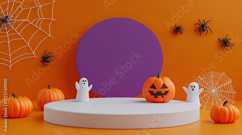 Minimalist purple podium with Halloween decorations: pumpkins, spider webs, and ghosts on vibrant orange background. 3D-rendered scene with clean lines and bright colors for party posters, digital car