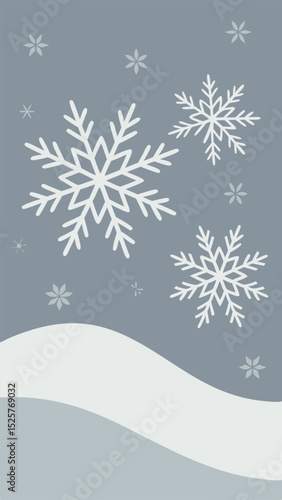 Winter wonderland illustration featuring falling snowflakes and snowdrifts on a light blue background