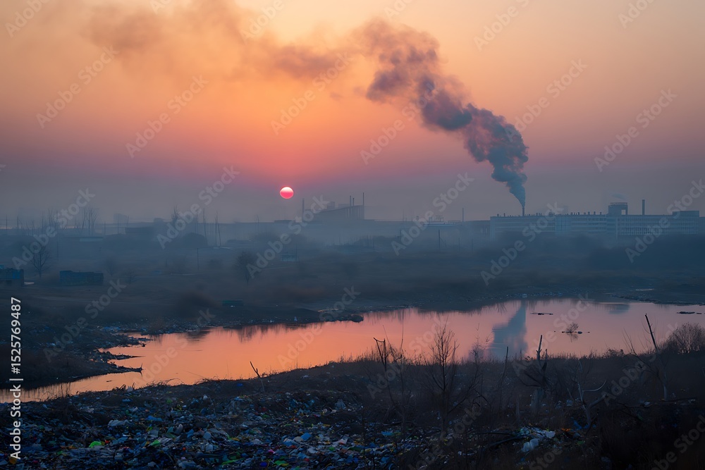 Fototapeta premium Smogshrouded sunset over polluted industrial landscape