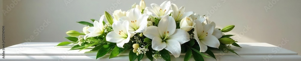 Naklejka premium A serene arrangement of white lilies, roses, and orchids rests in a simple, elegant casket spray Perfect for sympathy, remembrance, and funeral service imagery , service, remembrance, memorial