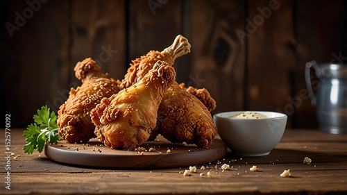Fried chicken on wooden table