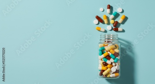 A glass bottle overflows with vibrant, multi-colored capsules and tablets against a clean blue backdrop. Pills spill outwards, creating a dynamic visual of health, medicine, and pharmaceutical care. F
