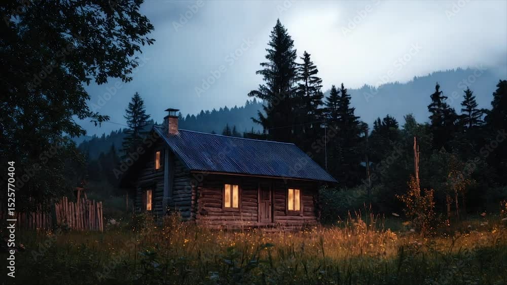 Rustic cabin nestled in a tranquil forest at twilight Rustic cabin nestled in a tranquil forest at twilight