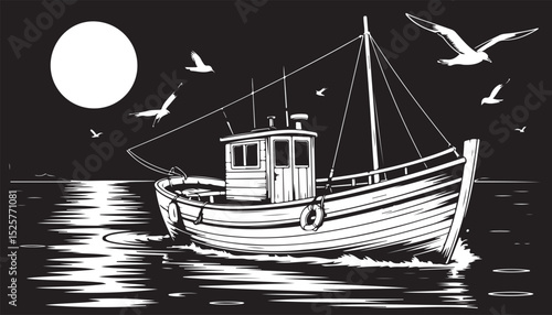 Fishing Trawler at Sea Under a Bright Moon with Gulls