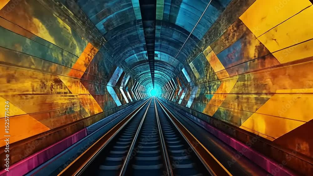 Vibrant tunnel with colorful walls and illuminated tracks leading to a bright exit, showcasing urban art