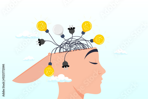 Human head with messy chaos cable line of electric plug and lightbulb ideas, overthinking, anxiety caused by thinking too much, lost in chaos decision, messed up process or confusion thought concept