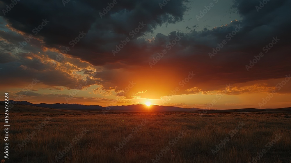 Obraz premium Radiant Sunset Over Golden Prairie Landscape with Dramatic Cloud Formations
