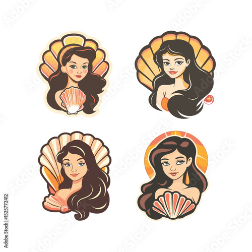 Women seashell logo design template flat vector illustration