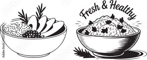 "Fresh & Healthy" Food Bowls with Grains and Fruit Illustrations