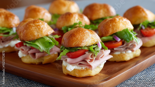 Platter of fresh mini sandwiches with ham, lettuce, and tomato