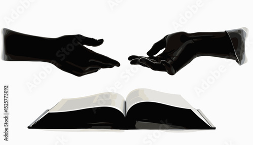Hands reaching towards an open book on a white background  