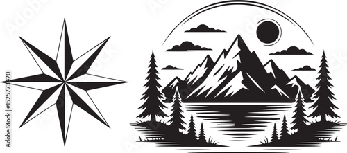 compass star and mountain landscape under moonlight in a vintage black and white style illustration