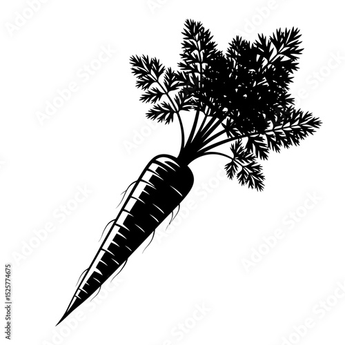 A bold black silhouette of a carrot, isolated on white background, its vibrant green top contrasting sharply against the stark white backdrop