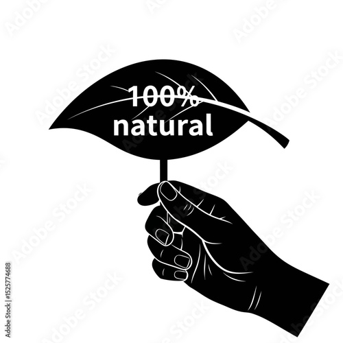 A hand gently holds a leafshaped sign proclaiming 100 natural, isolated on white background