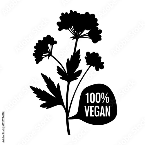 A stark black silhouette of a flowering plant, isolated on white background, proudly proclaims 100 vegan
