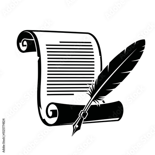 A quill pen rests elegantly upon a rolled parchment scroll, isolated on white background, its ink ready to record a timeless tale