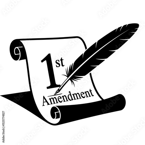 A quill pen rests on a first amendment scroll, isolated on white background
