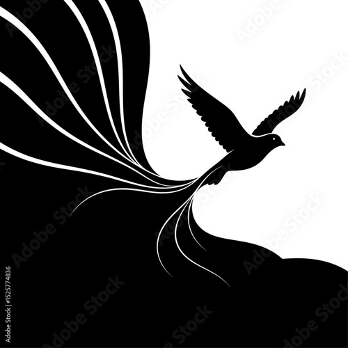 A soaring black dove, its elegant form trailed by stylized black and white plumes, isolated on white background