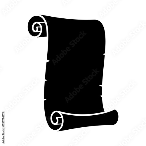 A stark black scroll, isolated on white background, rests elegantly, its edges slightly frayed, hinting at age and untold stories