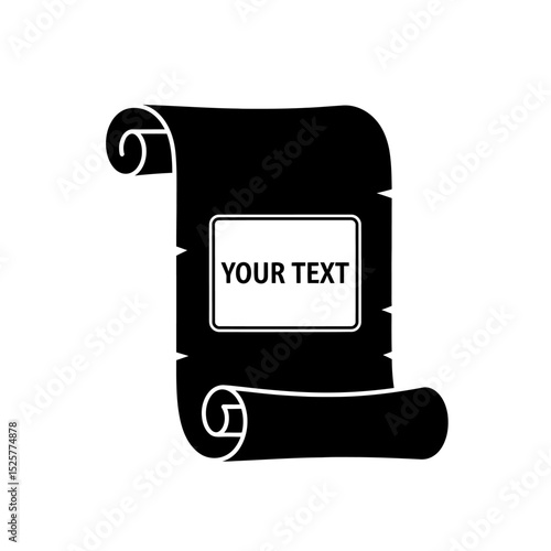 A stark black scroll isolated on white background, bearing a rectangular space for your text, evokes a sense of ancient mystery and untold stories