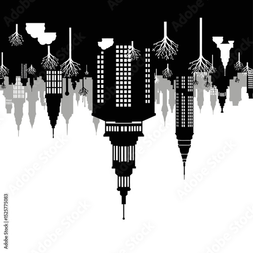 Inverted cityscape, a monochrome metropolis of towering buildings and upsidedown trees, isolated on white background