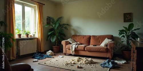 A messy living room with scattered clothes and neglected houseplants, conveying a sense of domestic disarray and unspoken truths , forgotten, hidden secrets, chaos at home