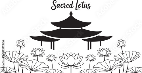 sacred lotus flowers in front of traditional asian pagoda silhouette with text in elegant monochrome style illustration