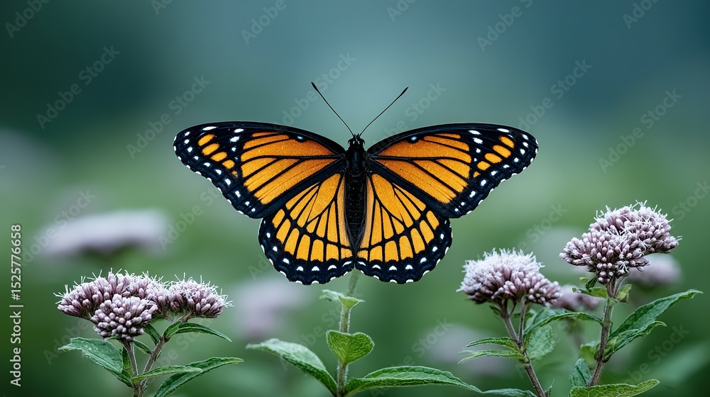Naklejka premium Close-up view of a monarch butterfly near purple flowers.