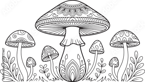 decorative mushroom coloring page with large central toadstool and ornamental patterns on caps and stalks, surrounded by leafy foliage