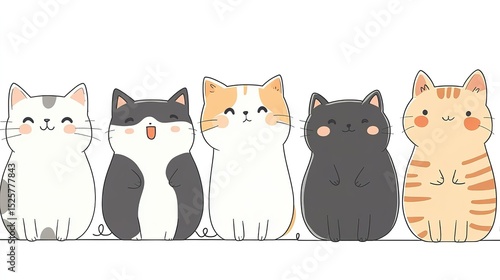 Cute cat stickers set with various poses: minimalist flat design featuring black outlines, pastel fills, and white background. High-res line art for planners, sticker designs, stationery, kids' produc