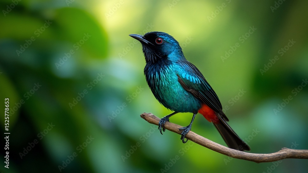 Obraz premium Vibrant Metallic Starling Perched on a Branch Against a Lush Green Backdrop