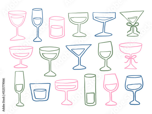 Line Art Drinkware Glass Icon Collection. A playful collection of 17 hand drawn drinkware icons in line art style featuring wine glasses cocktails. Perfect for menus party themes and beverage graphics